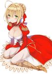  ahoge bad_id bad_pixiv_id blonde_hair blush breasts cleavage epaulettes eyebrows_visible_through_hair fate/extra fate_(series) green_eyes large_breasts looking_at_viewer nero_claudius_(fate) nero_claudius_(fate)_(all) see-through short_hair simple_background smile solo white_background yuzu-aki 