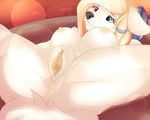  2017 anthro anus beige_nipples beige_pussy biped black_nose blonde_hair breasts canine digital_media_(artwork) dog evange eyebrows eyelashes female fur hair heterochromia mammal nipples nude pussy red_background sadie_(desertpunk06) signature simple_background snout solo spread_legs spreading white_fur white_hair 