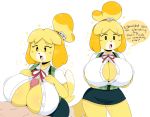 2018 animal_crossing anthro big_breasts blonde_hair breasts canine cleavage clothed clothing dialogue dog english_text faceless_male female hair hi_res huge_breasts human human_on_anthro humanoid_penis implants interspecies isabelle_(animal_crossing) jinu male male/female mammal nintendo open_mouth penis sex shih_tzu simple_background solo_focus text titfuck video_games white_background 