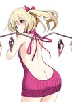  amisu ass back backless_dress backless_outfit bangs bare_back bare_shoulders blonde_hair bow breasts butt_crack closed_mouth cowboy_shot crystal dress eyebrows_visible_through_hair fang flandre_scarlet from_behind hair_bow halterneck hand_up legs_together long_hair looking_at_viewer looking_back meme_attire naked_sweater purple_dress purple_ribbon red_eyes ribbed_sweater ribbon shoulder_blades side_ponytail sideboob simple_background small_breasts smile solo sweater sweater_dress touhou turtleneck turtleneck_sweater virgin_killer_sweater white_background wings 
