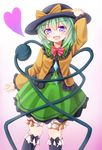  :d black_legwear bow bow_legwear bowtie commentary_request cowboy_shot eyebrows_visible_through_hair frilled_blouse frilled_skirt frilled_sleeves frills gem gradient gradient_background green_hair green_skirt hand_on_headwear hand_up hat hat_bow heart highres jewelry komeiji_koishi kumita_(kumeeta) lace-trimmed_legwear long_sleeves multicolored multicolored_eyes open_mouth pendant pink_bow pink_neckwear pleated_skirt simple_background single_stripe skirt smile solo thighhighs third_eye touhou yellow_bow 