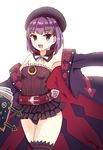  armpits bare_shoulders black_legwear blush book detached_sleeves fate/grand_order fate_(series) flat_chest hat helena_blavatsky_(fate/grand_order) highres looking_at_viewer mazeru_(jisjifin) open_mouth panties pantyshot purple_eyes purple_hair short_hair simple_background smile solo strapless thighhighs tree_of_life underwear white_background 