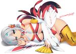  2017 android artist_name bangs bare_shoulders blue_eyes breasts camellia character_name chicken_costume chinese_zodiac cleavage closed_mouth collarbone dangan_neko detached_sleeves eyebrows_visible_through_hair fan flower folding_fan grey_hair hair_flower hair_ornament halterneck highleg kanzashi large_breasts leotard light_smile looking_at_viewer lying on_side oppai_mochi orange_legwear original red_flower red_leotard russia_(dangan_neko) sidelocks signature silver_hair simple_background smile solo symbol-shaped_pupils thighhighs thighs underboob white_background year_of_the_rooster 