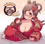  alternate_costume angpao blush breasts brown_hair chinese_clothes cleavage glasses ibukichi large_breasts looking_at_viewer luna_mei lying mei_(overwatch) on_side overwatch robot snowball_(overwatch) wavy_mouth 