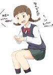  blush braid brown_eyes brown_hair commentary_request kimi_no_na_wa ma-2_(konkon_kitakitsune) mole mole_under_eye natori_sayaka open_mouth school_uniform solo sweater_vest translation_request twin_braids 