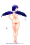  absurdres ass back barefoot black_hair black_wings commentary_request from_behind full_body hand_on_hip highres konpasu lips naughty_face nude red_eyes shameimaru_aya solo touhou wings 