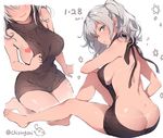  2017 ass backless_dress backless_outfit bare_back bikini_tan blue_eyes breasts butt_crack chiyingzai dated dress full_body halterneck kantai_collection kashima_(kantai_collection) large_breasts long_hair looking_at_viewer meme_attire multiple_views naked_sweater ribbed_sweater sideboob sitting sweater sweater_dress tan tanline turtleneck turtleneck_sweater twintails virgin_killer_sweater wavy_mouth 