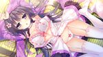  arms_up black_hair bow bow_bra bow_panties bra breasts cameltoe choker cleavage collarbone from_above game_cg garter_straps highres large_breasts long_hair looking_at_viewer love_love_sisters lying nae-nae official_art on_back open_clothes open_mouth panties purple_eyes sarusuberi_misatoko solo sweat thighhighs underwear white_bra white_legwear white_panties 