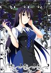  black_eyes black_hair blue_neckwear food fruit grapes grisaia_(series) grisaia_no_kajitsu hand_in_hair hazama_aida holding holding_food holding_fruit long_hair looking_at_viewer necktie parted_lips sakaki_yumiko solo standing 