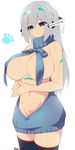  3: android artist_name backless_dress backless_outfit bangs black_legwear blue_eyes blush breasts character_name closed_mouth covered_nipples cowboy_shot dangan_neko dress eyebrows_visible_through_hair grey_hair hair_between_eyes halterneck hands_together headgear highres large_breasts long_hair looking_down meme_attire naked_sweater navel original own_hands_together ribbed_sweater russia_(dangan_neko) signature simple_background solo sweater sweater_dress symbol-shaped_pupils thighhighs tsurime turtleneck turtleneck_sweater twitter_username virgin_killer_sweater wardrobe_error 