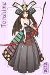  armor arrow artist_name black_hair bow_(weapon) breasts character_name cleavage full_body hadanugi_dousa helmet japanese_armor kabuto large_breasts long_hair long_skirt looking_at_viewer oboro_muramasa skirt solo torahime weapon x-teal2 