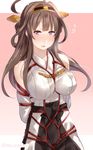  ahoge bare_shoulders bdsm blush bondage border bound breasts brown_hair commentary_request detached_sleeves double_bun eyebrows_visible_through_hair headgear heart juurouta kantai_collection kongou_(kantai_collection) large_breasts long_hair looking_at_viewer nontraditional_miko open_mouth pink_background purple_eyes shibari solo white_border 