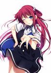 blue_eyes bow grisaia_(series) grisaia_no_kajitsu hair_bow hand_on_hip long_hair looking_at_viewer one_eye_closed red_hair simple_background solo suou_amane tsugaru_(co-walker) white_background white_bow 