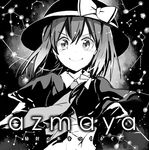  &gt;:) artist_name azuma_aya bow commentary_request constellation greyscale hat hat_bow hat_ribbon looking_at_viewer monochrome necktie ribbon smile solo star touhou translation_request upper_body usami_renko v-shaped_eyebrows 