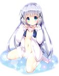  blue_eyes full_body gochuumon_wa_usagi_desu_ka? hair_ornament holding holding_panties kafuu_chino long_hair looking_at_viewer naked_shirt navel no_shoes panties shirt silver_hair sitting solo tamiya_akito underwear wariza x_hair_ornament 