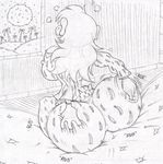  ape bed big_breasts big_butt breasts butt clothing donkey_kong_(series) female hair hand_on_butt horny_(disambiguation) hyper long_hair mammal monochrome nintendo pajamas primate rubbing sketch solo tiny_kong video_games virus-20 