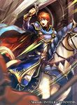 animal armor armored_boots blue_eyes boots cape copyright_name eliwood_(fire_emblem) fire_emblem fire_emblem:_rekka_no_ken fire_emblem_cipher horse horseback_riding huge_weapon male_focus official_art red_hair riding solo sword wada_sachiko weapon white_horse 