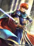  blue_eyes cape copyright_name eliwood_(fire_emblem) fire_emblem fire_emblem:_rekka_no_ken fire_emblem_cipher light_rays looking_at_viewer male_focus official_art rapier red_hair solo standing sword wada_sachiko weapon 