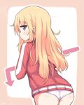 :/ ass blonde_hair blue_eyes blush border closed_mouth directional_arrow eyebrows_visible_through_hair from_behind gabriel_dropout jacket long_hair messy_hair panties profile red_jacket solo tenma_gabriel_white track_jacket underwear white_panties yaplus 