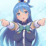  :d aqua_(konosuba) bare_shoulders blue_background blue_eyes blue_hair blush bow breasts brooch detached_sleeves downscaled eyebrows_visible_through_hair green_bow hair_between_eyes hair_ornament hair_rings head_tilt highres image_sample jewelry kono_subarashii_sekai_ni_shukufuku_wo! long_hair looking_at_viewer md5_mismatch medium_breasts open_mouth outstretched_arms outstretched_hand resized smile solo tam-u twitter_sample 