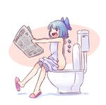  :d backless_outfit blue_eyes blue_hair bow bunbunmaru cirno commentary full_body hair_bow highres ice ice_wings meme_attire naked_sweater newspaper open_mouth reading shoe_dangle slippers smile solo sweater toilet_use touhou virgin_killer_sweater wings yoruny 