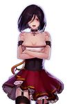  breasts choker cleavage collarbone crossed_arms dress dungeon_and_fighter female_priest_(dungeon_and_fighter) large_breasts looking_at_viewer mistress_(dungeon_and_fighter) mistrie open_mouth purple_eyes purple_hair short_hair shorts skirt solo tattoo 