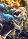  animal armor armored_boots blue_eyes boots cape durandal_(fire_emblem) eliwood_(fire_emblem) fire_emblem fire_emblem:_rekka_no_ken fire_emblem_cipher flaming_sword horse horseback_riding huge_weapon looking_to_the_side male_focus official_art red_hair riding solo sword wada_sachiko weapon white_horse 