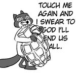  anthro clothed clothing disney explosives grenade insane male mammal monochrome mustelid percy_vison polecat replytoanons simple_background solo text weapon white_background wide_eyed zootopia 