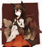  abukawa_honpo animal animal_ears brown_hair expressionless highres imaizumi_kagerou long_hair looking_at_viewer red_eyes shirt skirt tail touhou twitter_username wide_sleeves wolf wolf_ears wolf_tail 