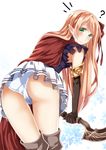  1girl ? arisa_(shadowverse) artist_request ass bent_over blonde_hair blush bow_(weapon) cape elbow_gloves elf embarrassed from_behind gloves green_eyes hair_ribbon leaning leaning_forward long_hair looking_back panties pantyshot pointy_ears ribbon shadowverse shiny shiny_hair shiny_skin shirt skirt solo surprised thigh_boots very_long_hair 
