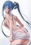  aoki_hagane_no_arpeggio ass backless_dress backless_outfit bare_back blue_eyes blue_hair blush breasts butt_crack cowboy_shot dress halterneck large_breasts long_hair looking_at_viewer looking_back luzi meme_attire mole mole_under_mouth naked_sweater open_mouth ponytail ribbed_sweater sideboob simple_background solo sweater sweater_dress takao_(aoki_hagane_no_arpeggio) turtleneck very_long_hair virgin_killer_sweater 