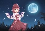  animal_ears bird_ears bird_wings blush collar commentary_request dress feathers frilled_dress frilled_sleeves frills hand_on_own_chest hat hat_ribbon highres juliet_sleeves long_sleeves looking_at_viewer moon musical_note mystia_lorelei neck_ribbon night open_mouth pink_eyes pink_hair puffy_sleeves quarter_note ribbon shirt short_hair smile solo touhou upper_body wings yua_(bokubo0806) 