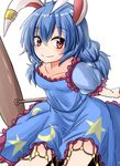  absurdres ahoge animal_ears blue_dress blue_hair bunny_ears collarbone cowboy_shot crescent_print dress ear_clip frilled_dress frilled_sleeves frills highres kine looking_at_viewer low_twintails mallet oshiaki puffy_short_sleeves puffy_sleeves red_eyes seiran_(touhou) short_sleeves simple_background smile solo star star_print touhou twintails white_background 