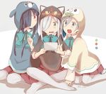  3girls asashimo_(kantai_collection) black_hair blue_bow blue_bowtie blue_hair bow bowtie character_hood cosplay green_eyes grey_eyes grey_hair grey_legwear hair_between_eyes hair_over_one_eye handheld_game_console hayashimo_(kantai_collection) hood index_finger_raised indian_style kantai_collection kiyoshimo_(kantai_collection) kneeling leaning_forward litten litten_(cosplay) multicolored_hair multiple_girls nintendo_3ds no_shoes open_mouth pantyhose playing_games pokemon poncho popplio popplio_(cosplay) red_eyes riz_(ravel_dc) rowlet rowlet_(cosplay) seiza sharp_teeth silver_hair simple_background sitting teeth twitter_username 