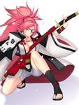  absurdres amputee baiken boots breasts cleavage eyepatch facial_tattoo guilty_gear guilty_gear_xrd highres holding holding_sword holding_weapon large_breasts long_hair one-eyed pink_eyes pink_hair ponytail sarashi scar scar_across_eye sheath sheathed solo sword tattoo tetsu_(kimuchi) toeless_boots unsheathing weapon 