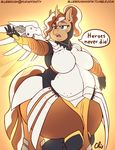  belly big_belly big_breasts blue_eyes breasts cosplay costume dialogue english_text equine fan_character female horn mammal mercy_(overwatch) my_little_pony nekocrispy obese open_mouth overwatch overweight overweight_female text thick_thighs unicorn video_games wide_hips wings 