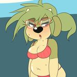  2015 anthro bikini black_nose blue_background blush bovine breast_squish breasts cattle cleavage clothed clothing cloud eyewear female freckles fur glasses green_fur green_hair hair horn looking_down maggie_hudson mammal navel open_mouth red_eyes simple_background sky slightly_chubby solo sprocket_(artist) standing sweat swimsuit tan_fur water 