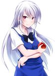 apple food fruit grisaia_(series) grisaia_no_kajitsu holding holding_food holding_fruit kazami_kazuki long_hair red_eyes silver_hair simple_background smile solo tsugaru_(co-walker) white_background 