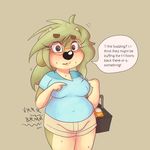  2015 anthro black_nose blue_shirt blush bovine breasts cattle clothing dialogue english_text eyewear female freckles fur glasses green_fur green_hair hair hidden_vibrator horn looking_at_viewer maggie_hudson mammal nervous nipple_bulge public red_eyes sex_toy shaking shirt shopping shorts simple_background solo speech_bubble sprocket_(artist) standing sweat tan_background tan_fur text vibrator 