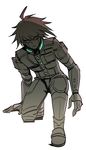  ahoge android bad_id bad_twitter_id blue_eyes danganronpa full_body haun highres keebo looking_at_viewer male_focus new_danganronpa_v3 one_knee solo spot_color 
