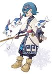  ainu_clothes boots bright_pupils fishing_rod gen_7_pokemon headband japanese_clothes pokemon pokemon_(creature) pokemon_(game) pokemon_sm simple_background smile snowflakes suiren_(pokemon) tetsuyoh white_background wishiwashi 