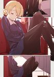  black_footwear black_legwear black_neckwear blonde_hair blue_hair blue_sweater blush closed_eyes closed_mouth clothed_masturbation comic commentary_request couch cup curtains darjeeling door emblem fingering from_side girls_und_panzer head_out_of_frame indoors legs_up loafers long_sleeves masturbation masturbation_through_clothing motion_lines necktie on_couch pantyhose pleated_skirt saucer shikei shoes sitting skirt solo st._gloriana's_(emblem) st._gloriana's_school_uniform sweater table teacup trembling 