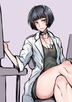  absurdres bangs black_dress black_hair blunt_bangs blush breasts brown_eyes cleavage coat collar collarbone commentary_request crossed_legs doctor dress gggg highres jewelry labcoat looking_at_viewer medium_breasts necklace open_clothes open_coat parted_lips persona persona_5 short_hair sitting solo takemi_tae 