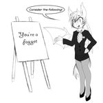  2017 anthro bat_pony bat_wings blush clothing dialogue english_text equine fan_character fangs female footwear high_heels mammal membranous_wings monochrome my_little_pony nolegs_(oc) replica_(artist) shoes sign suit text wings 