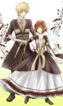  1boy 1girl blonde_hair blue_eyes boots breasts brown_hair coat dress flynn_scifo open_mouth rita_mordio shoes short_hair sword tales_of_(series) tales_of_vesperia veil weapon 