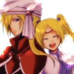  1boy 1girl blonde_hair breasts cape capelet eyes_closed fenimore_xelhes hair_over_one_eye long_hair open_mouth purple_eyes short_hair tales_of_(series) tales_of_legendia turban twintails walter_delques 