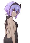  backless_dress backless_outfit bangs bare_back black_sweater blush breasts butt_crack closed_mouth commentary_request dress eyebrows_visible_through_hair fate/prototype fate/prototype:_fragments_of_blue_and_silver fate_(series) from_side hair_between_eyes halterneck hassan_of_serenity_(fate) i.u.y looking_at_viewer meme_attire naked_sweater purple_hair ribbed_sweater short_hair sideboob simple_background small_breasts solo sweater sweater_dress turtleneck turtleneck_sweater virgin_killer_sweater white_background 
