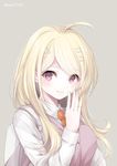  ahoge akamatsu_kaede backpack bag bangs beamed_eighth_notes blonde_hair blush breasts closed_mouth collared_shirt danganronpa eighth_note eyebrows_visible_through_hair eyelashes fingernails grey_background hand_up long_hair long_sleeves looking_at_viewer medium_breasts mizutama musical_note musical_note_hair_ornament necktie new_danganronpa_v3 orange_neckwear purple_eyes school_uniform shirt simple_background sixteenth_note smile solo sweater_vest swept_bangs twitter_username upper_body white_shirt 