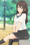  black_legwear black_skirt blue_eyes blurry blush breasts brown_hair commentary_request depth_of_field highres long_hair looking_at_viewer medium_breasts pleated_skirt school_uniform seiren short_sleeves side_ponytail skirt smile solo taka-chan tsuneki_hikari 