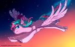  blue_eyes blue_hair equine eyelashes fan_character feathered_wings feathers female feral flying fur hair ka-samy mammal my_little_pony pegasus pink_feathers pink_fur pink_hair sky solo star starry_sky wings 
